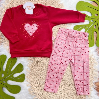 Conj. Casaco de Moletom Coração e Calça Legging - Vermelho